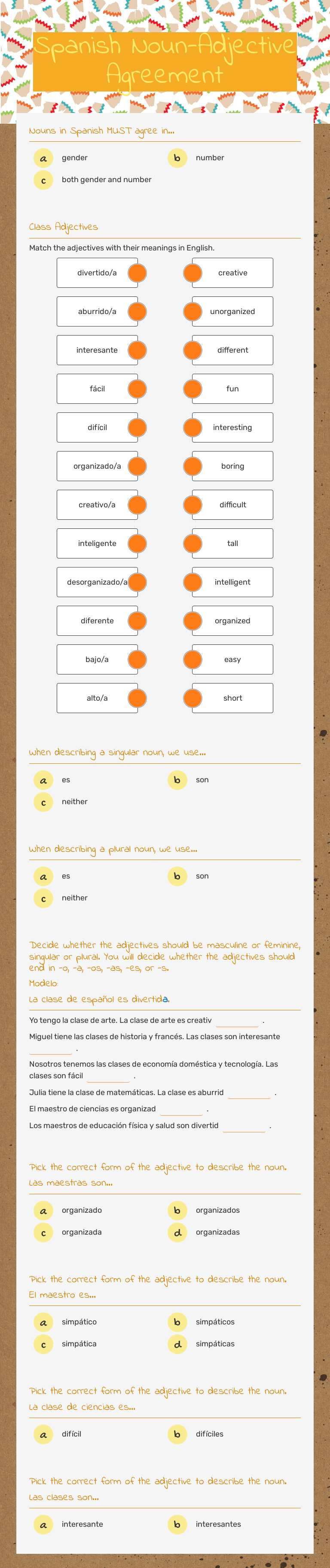 Spanish Noun-Adjective Agreement worksheet preview image
