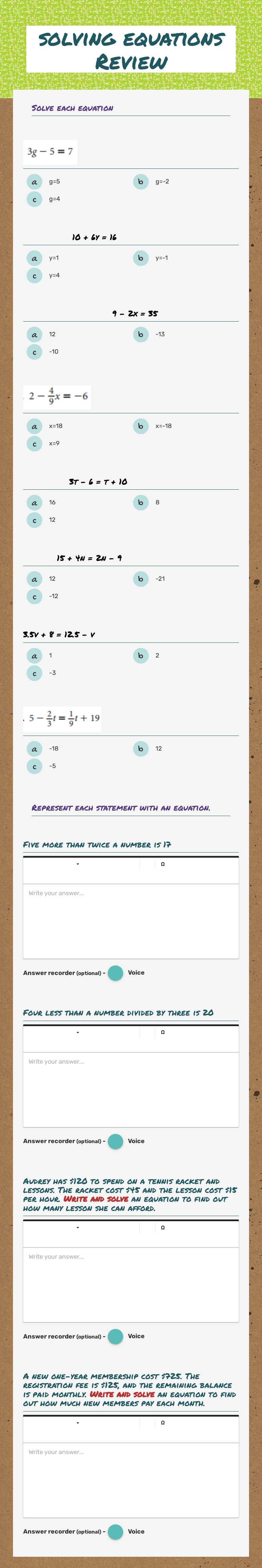 solving equations Review worksheet preview image