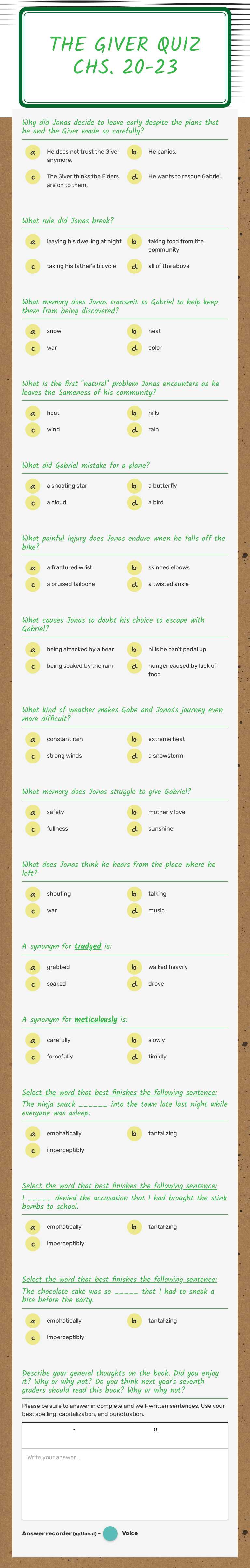The Giver Quiz Chs. 20-23 worksheet preview image