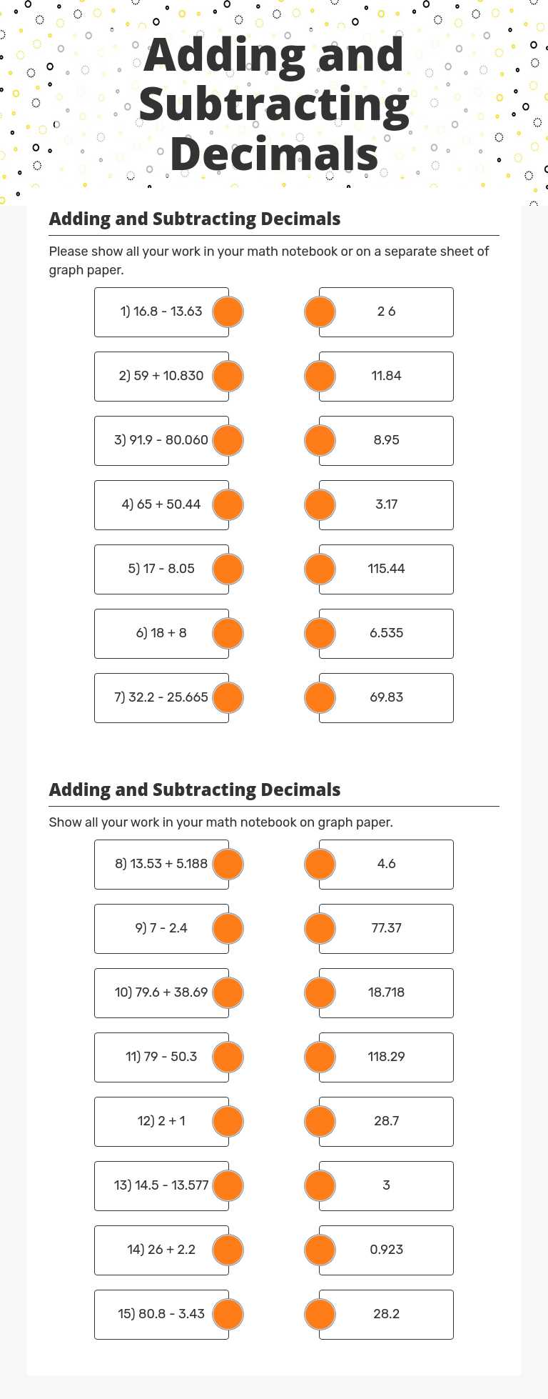 Adding and Subtracting Decimals worksheet preview image