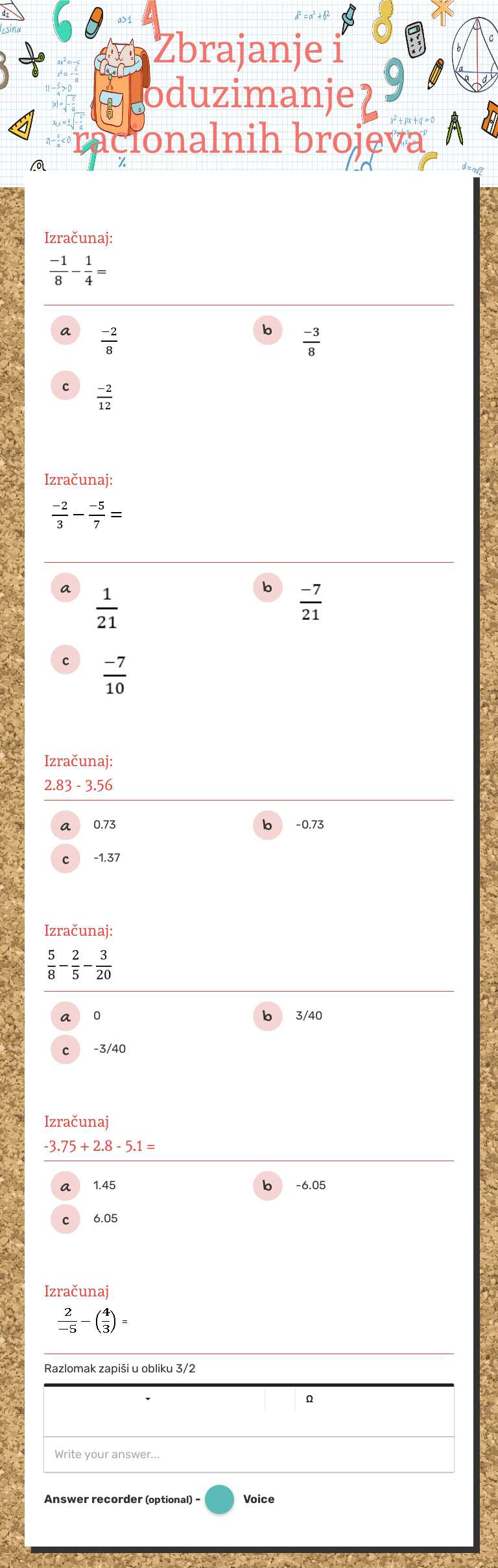 Zbrajanje i oduzimanje racionalnih brojeva Grade 6 worksheet preview