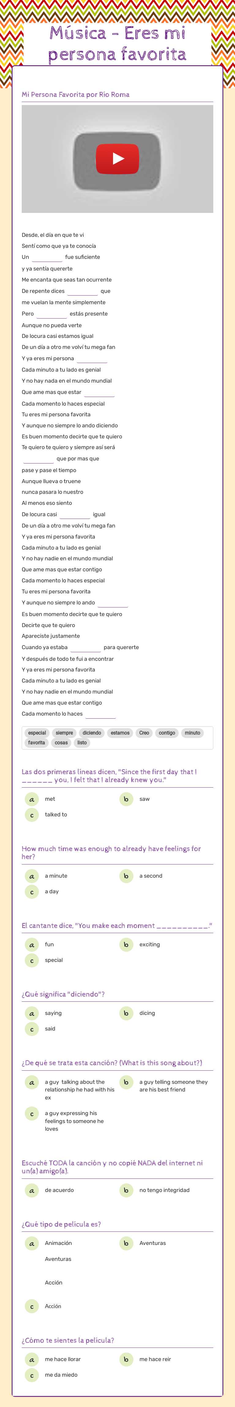 Música  -   Eres mi persona favorita Grade 9 worksheet preview