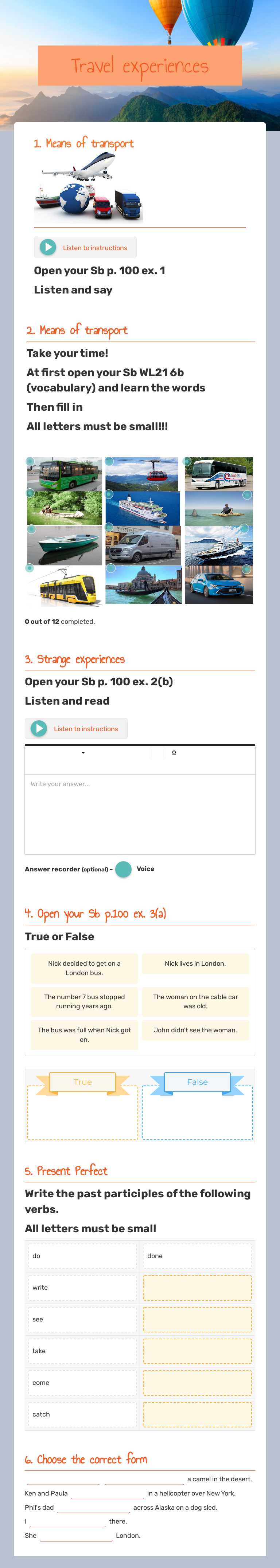 Travel experiences Grade 5 worksheet preview