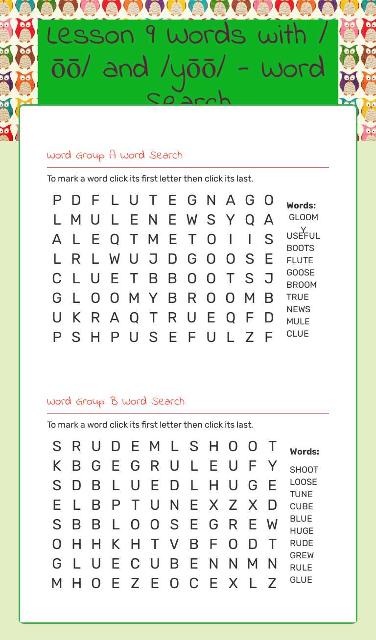 Lesson 9 Words with /ōō/ and /yōō/ - Word Search worksheet preview image