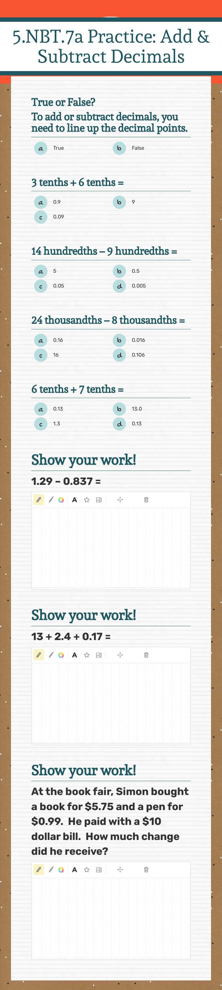 5.NBT.7a Practice:
Add & Subtract Decimals worksheet preview image