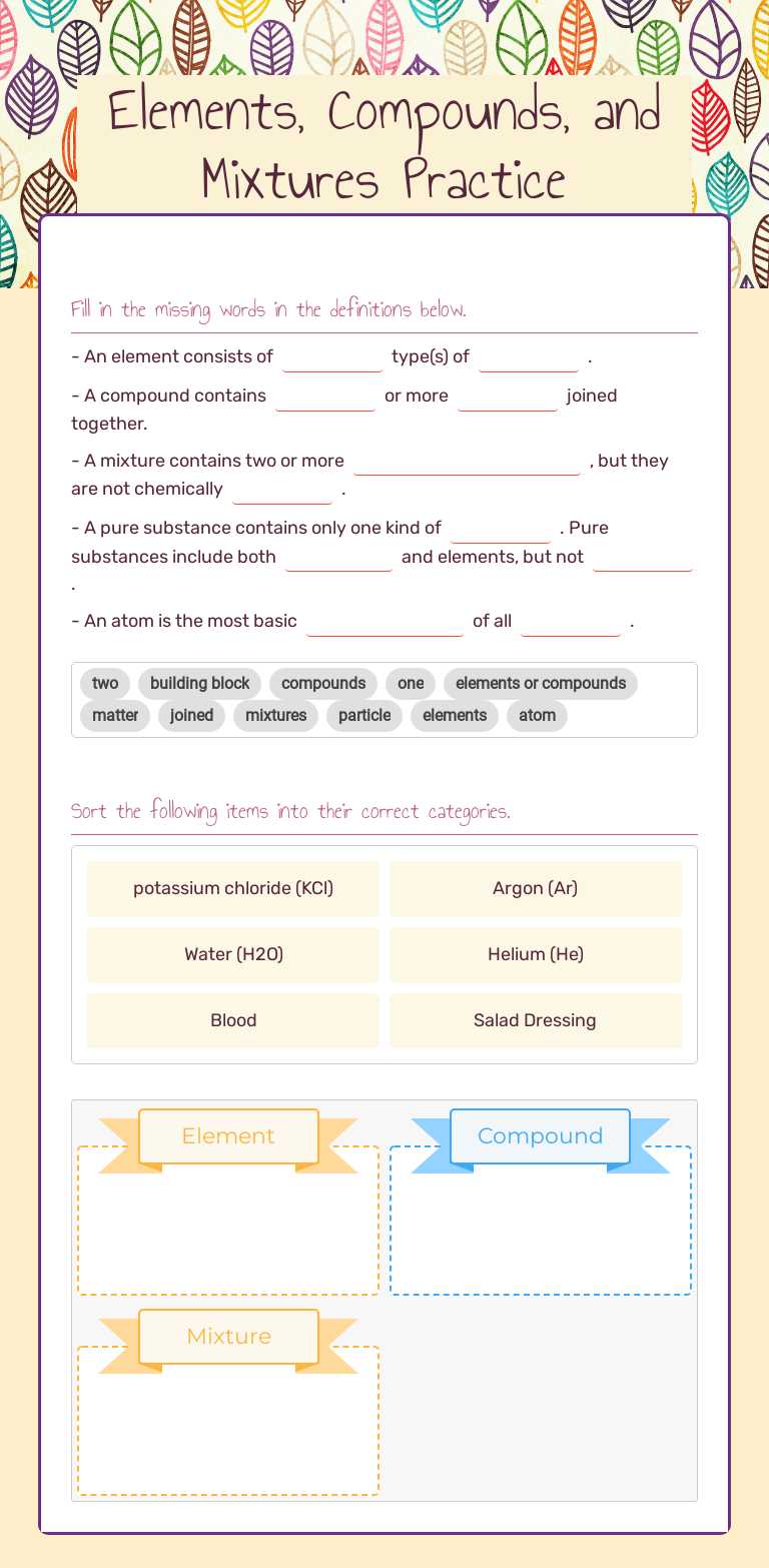 Elements, Compounds, and Mixtures Practice Grade 10 worksheet preview