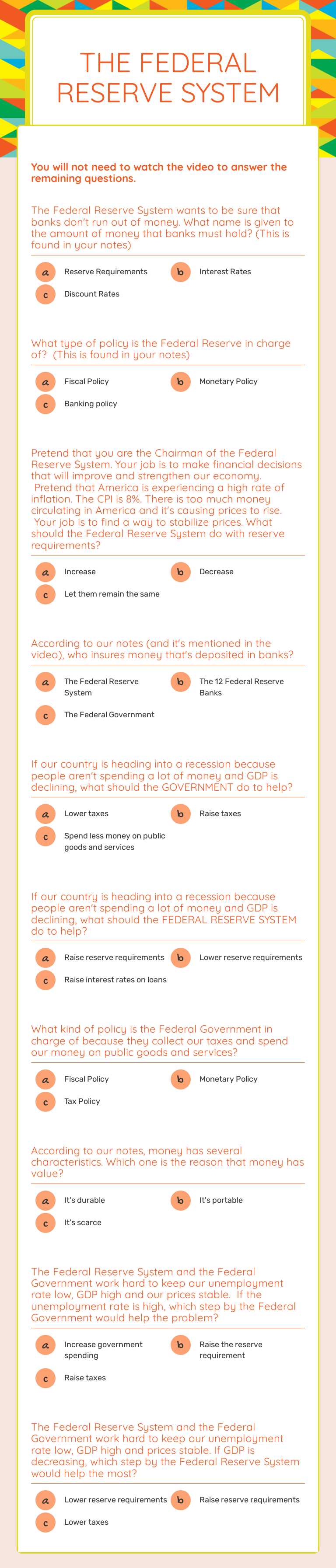 The Federal Reserve System Grade 11 worksheet preview