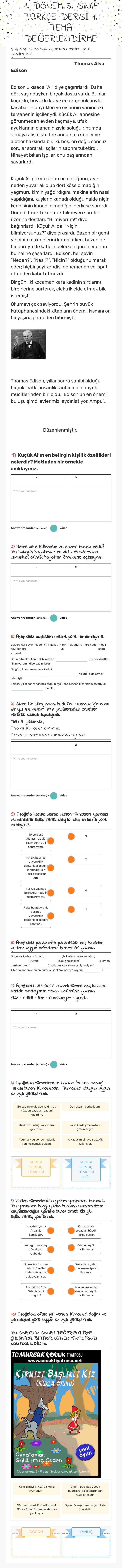 1. DÖNEM 3. SINIF TÜRKÇE DERSİ 1. TEMA DEĞERLENDİRME Grade 3 worksheet preview