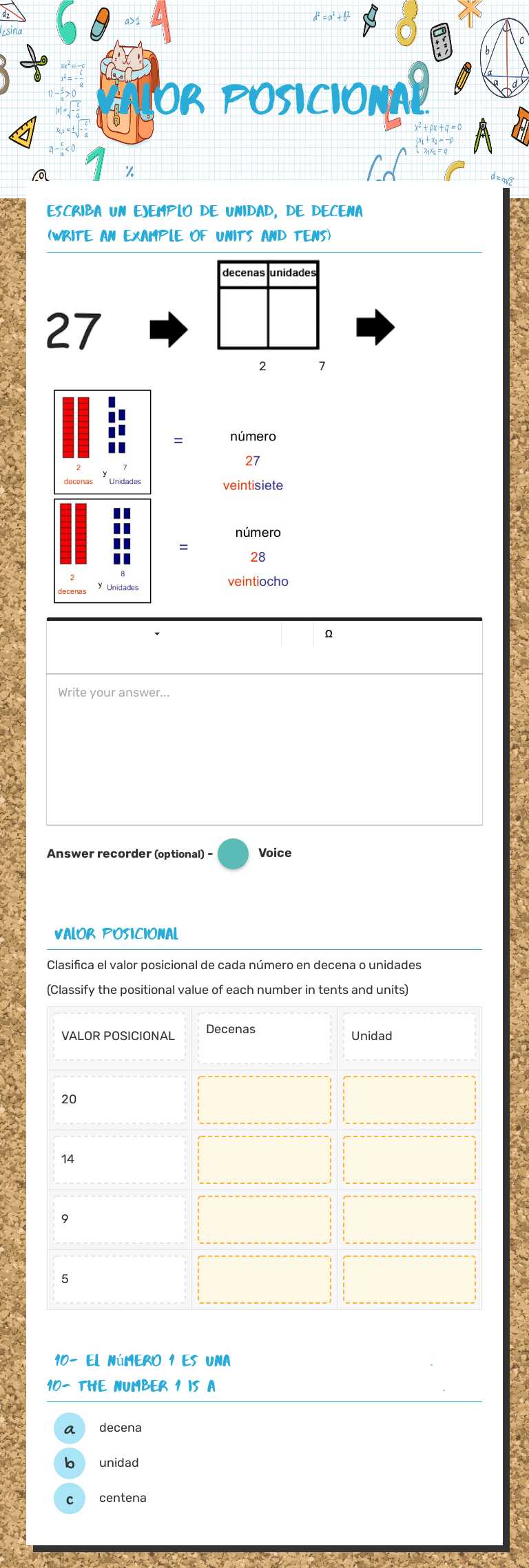 valor posicional. worksheet preview image