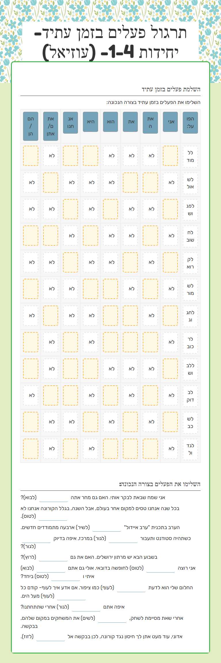 תרגול פעלים בזמן עתיד- יחידות 1-4- (עוזיאל) worksheet preview