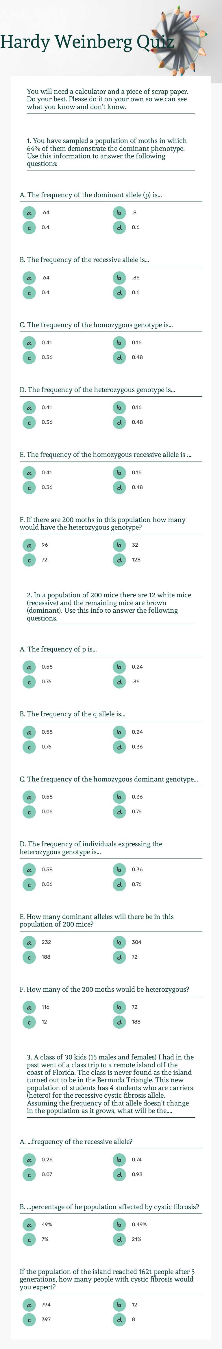 Hardy Weinberg Quiz Grade 11 worksheet preview