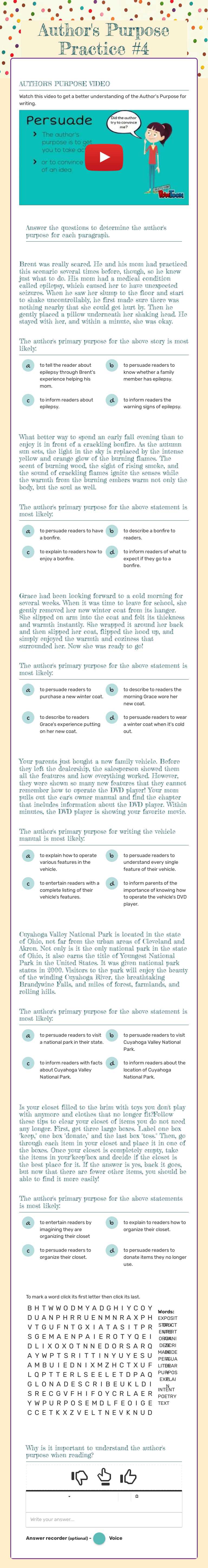 Author's Purpose Practice #4 Grade 4 worksheet preview