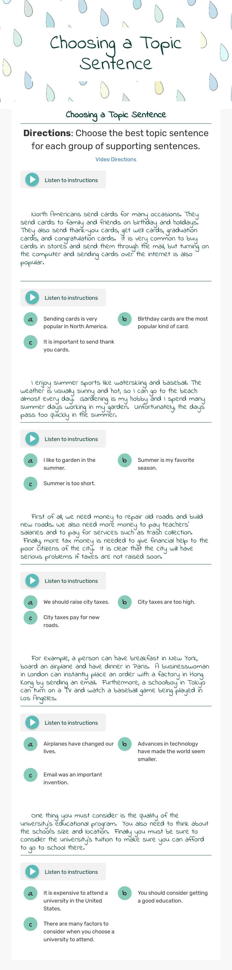 Choosing a Topic Sentence worksheet preview image