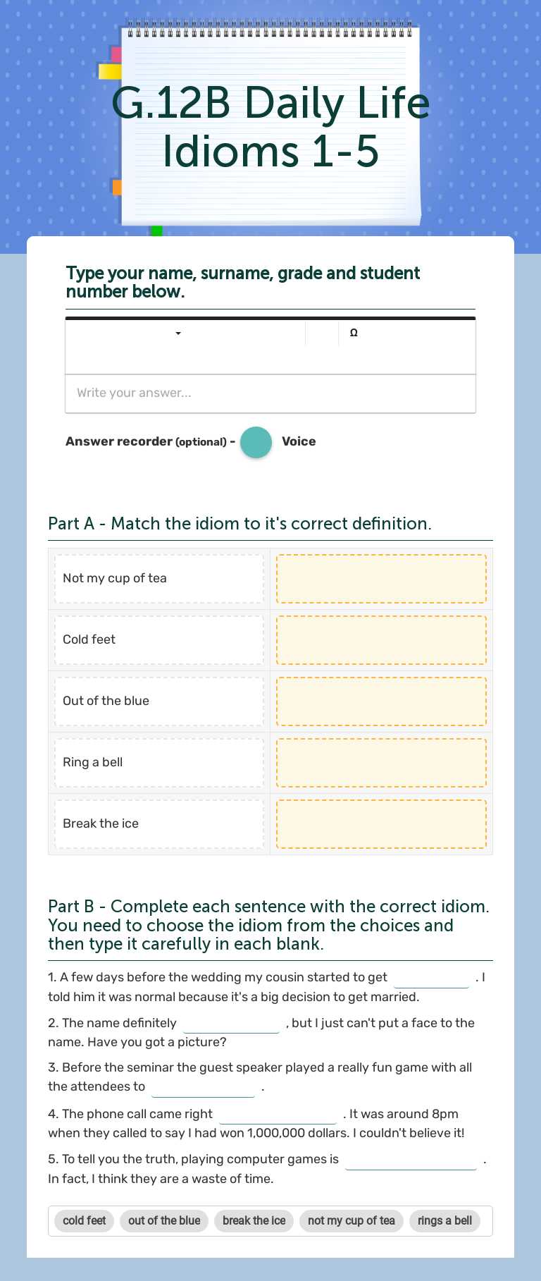 G.12B Daily Life Idioms 1-5 worksheet preview image