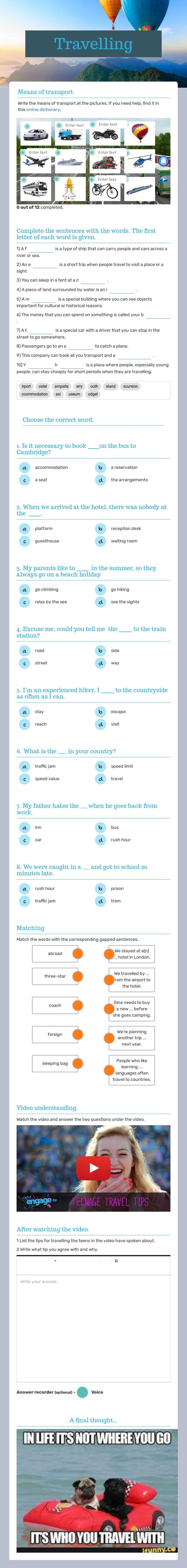 Travelling Grade 10 worksheet preview