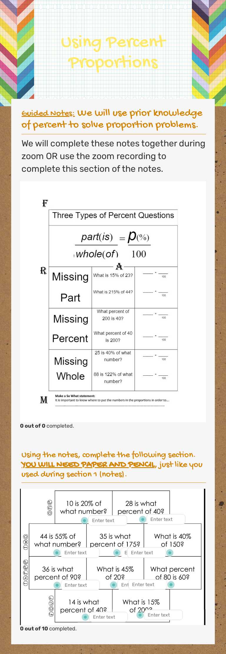 Using Percent Proportions worksheet preview image