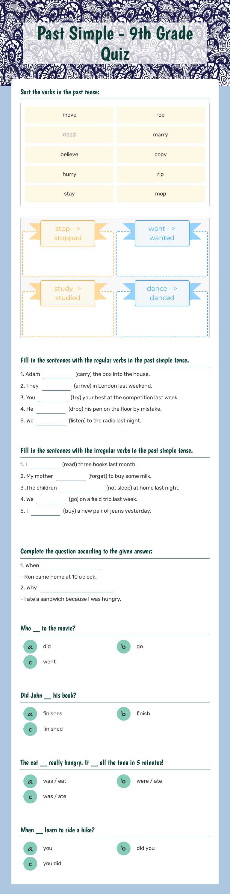 Past Simple - 9th Grade Quiz Grade 6 worksheet preview