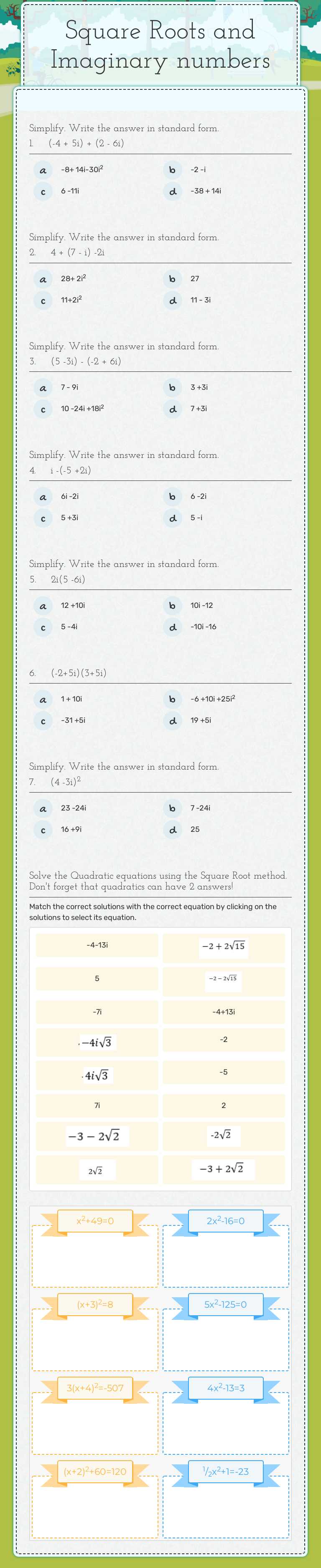 Square Roots and Imaginary numbers worksheet preview image