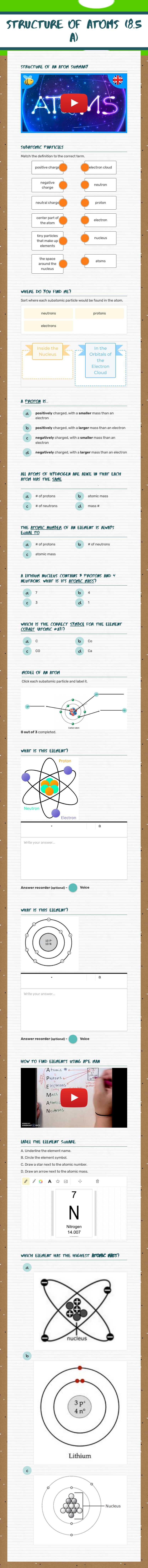 Structure of Atoms (8.5 A) worksheet preview image