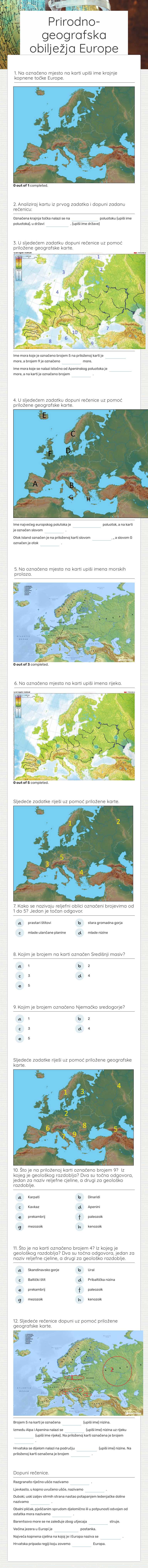 Prirodno-geografska obilježja Europe worksheet preview image