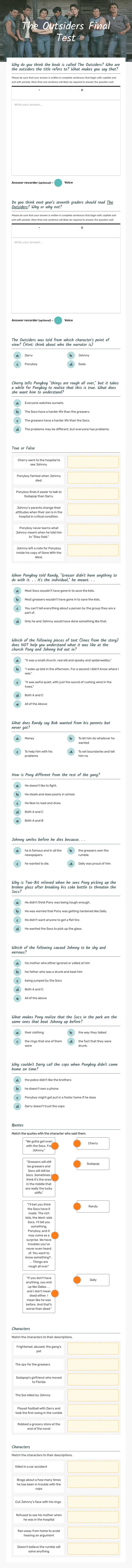 The Outsiders Final Test worksheet preview