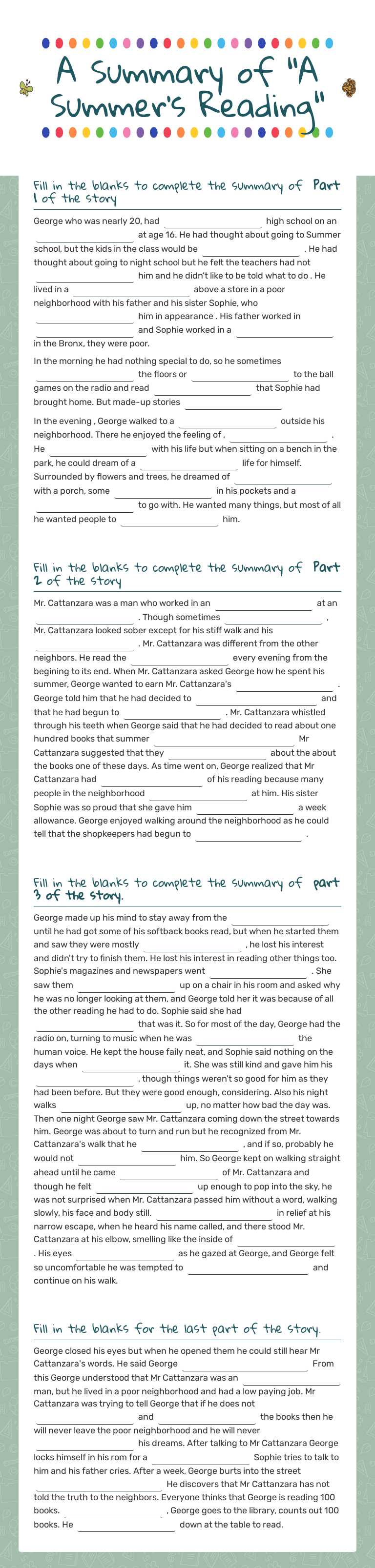 A Summary of "A Summer's Reading" worksheet preview image