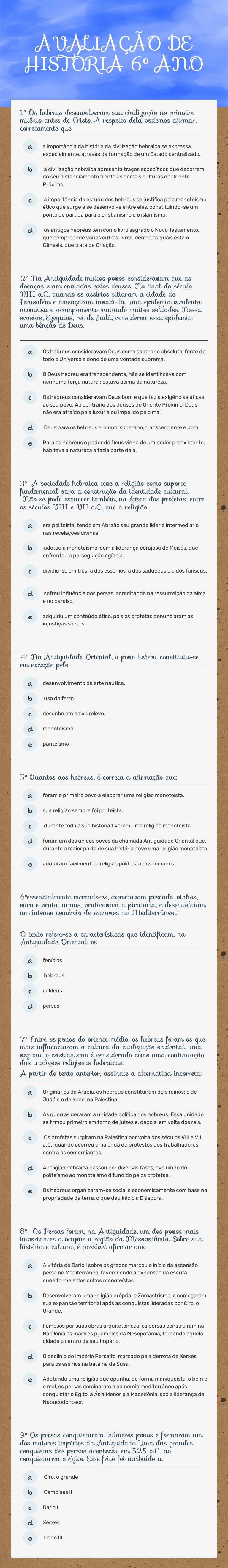 AVALIAÇÃO DE HISTÓRIA 6º ANO worksheet preview image