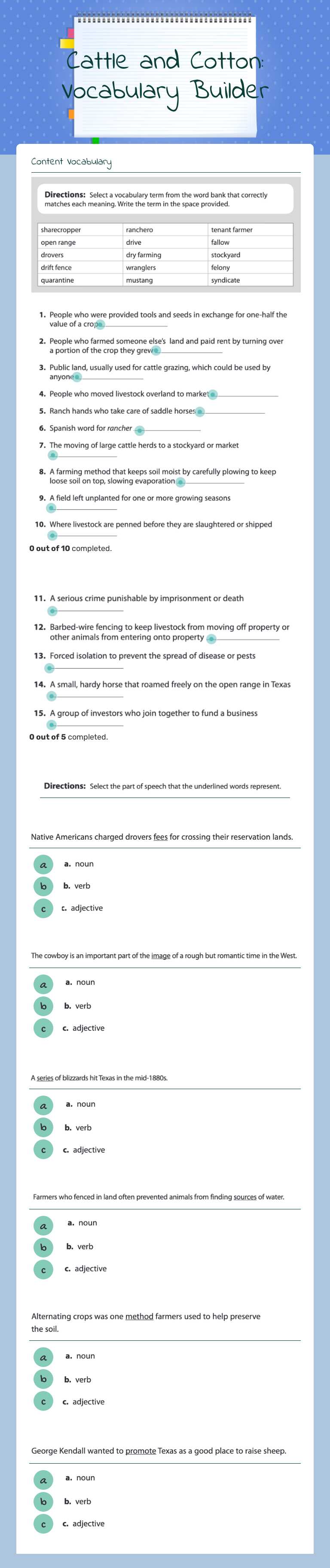 Cattle and Cotton: Vocabulary Builder worksheet preview image