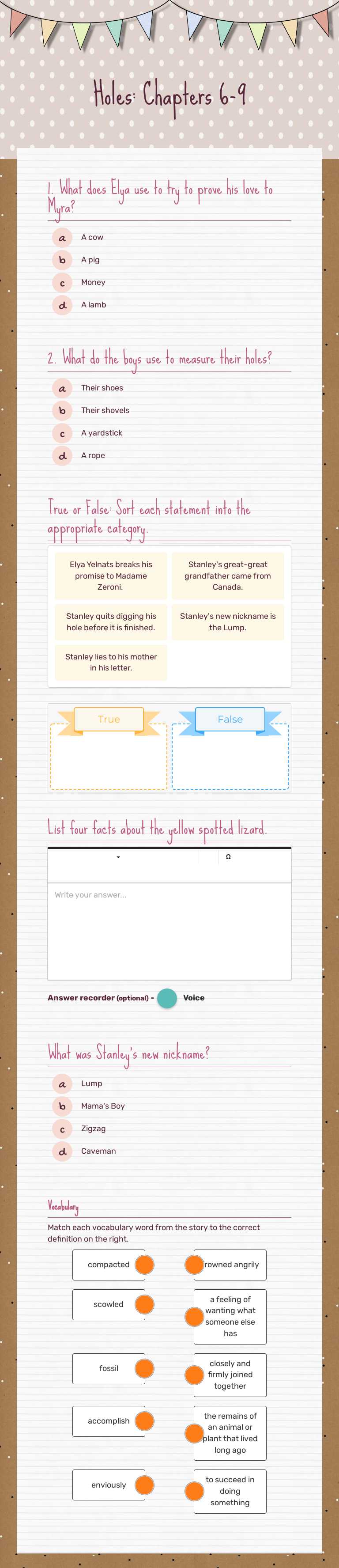 Holes: Chapters 6-9 Grade 4 worksheet preview