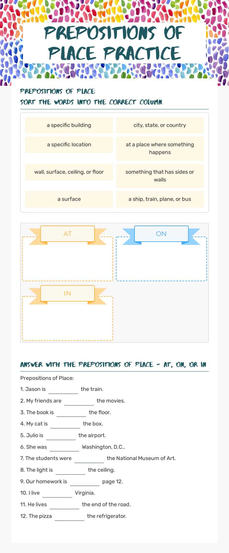 Prepositions of place Practice Grade 4 worksheet preview