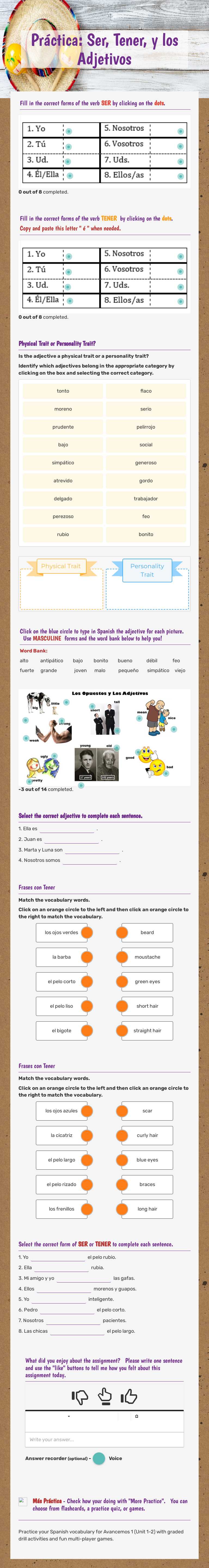 Práctica: Ser, Tener, y los Adjetivos worksheet preview image
