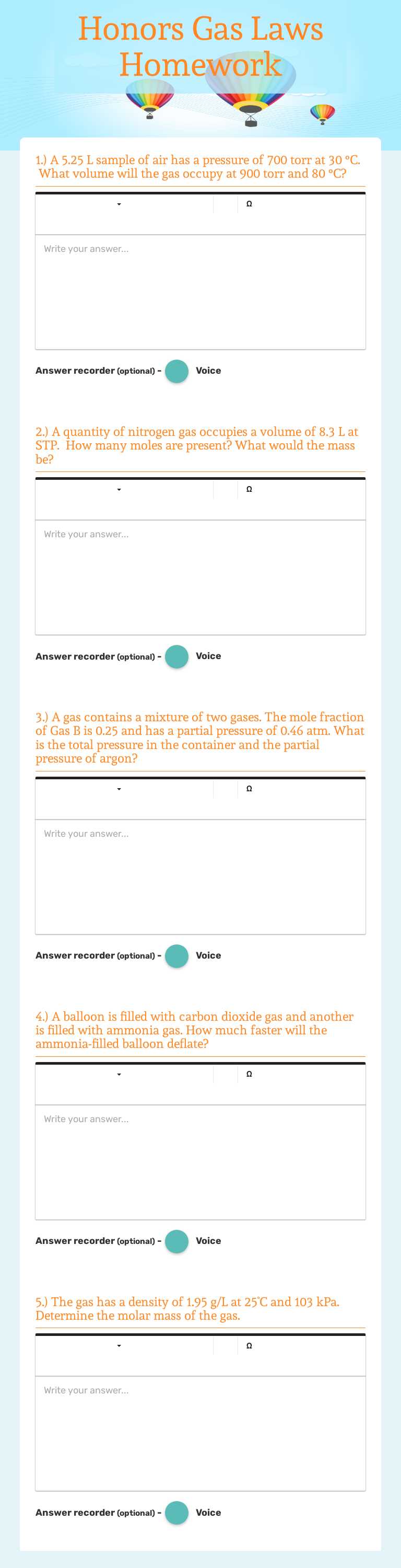 Honors Gas Laws Homework worksheet preview image