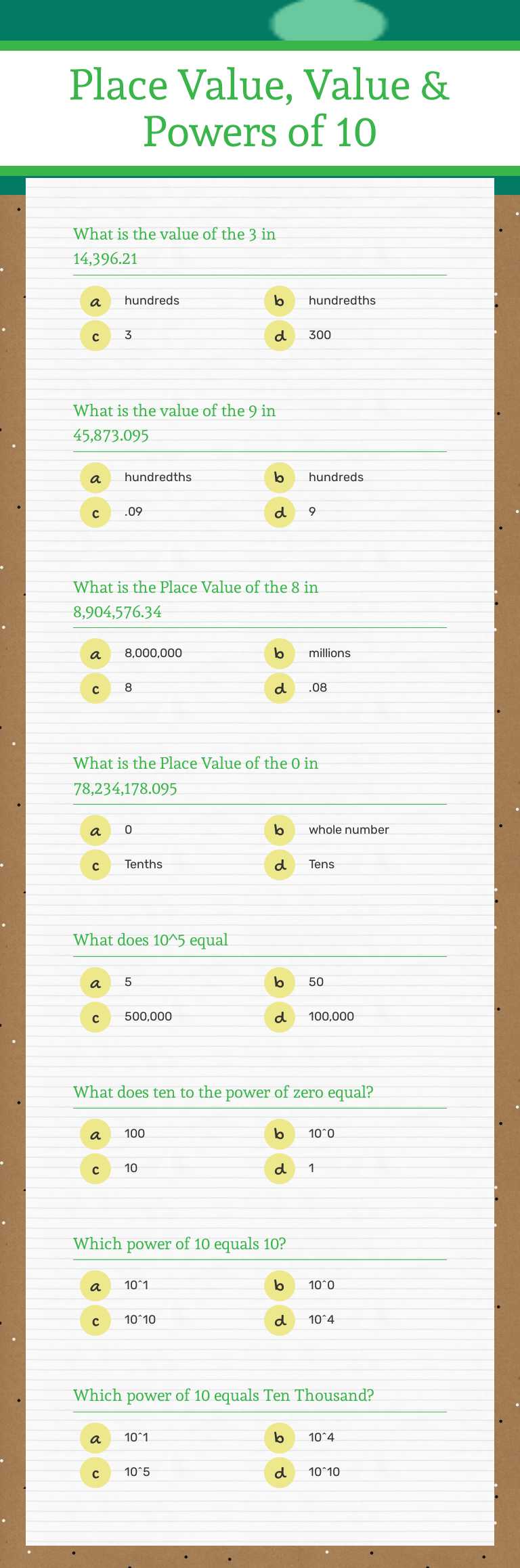 Place Value, Value & Powers of 10 worksheet preview image