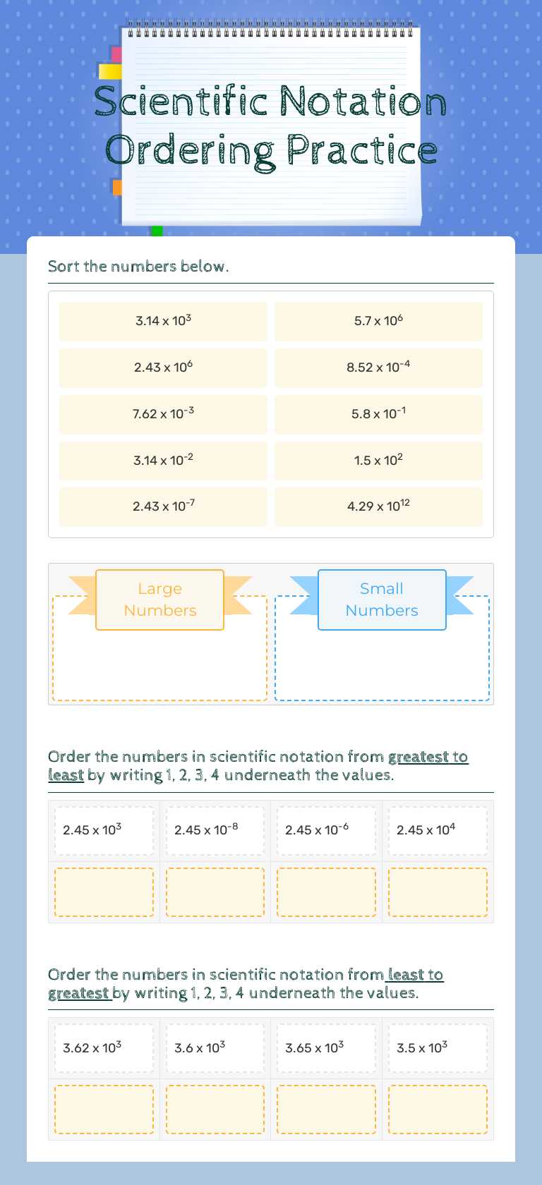 Scientific Notation Ordering Practice worksheet preview image