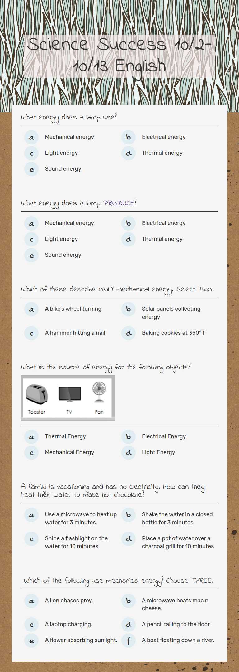 Science Success 10/2-10/13 English worksheet preview image