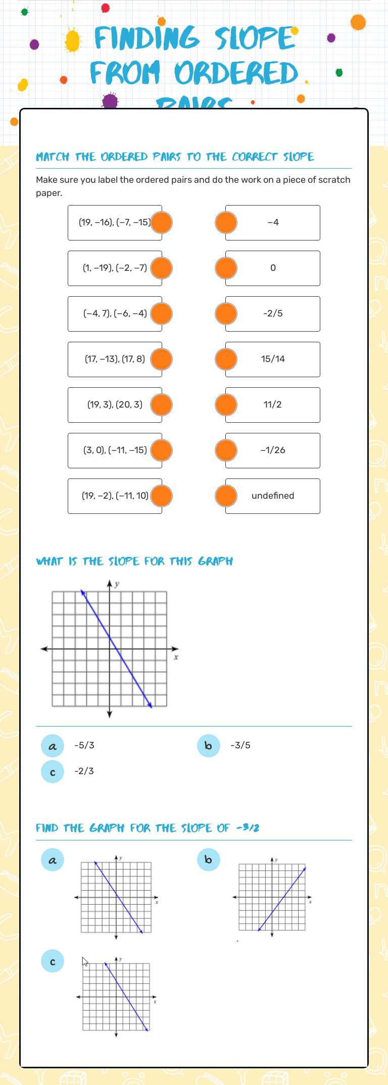 Finding Slope from Ordered pairs worksheet preview image
