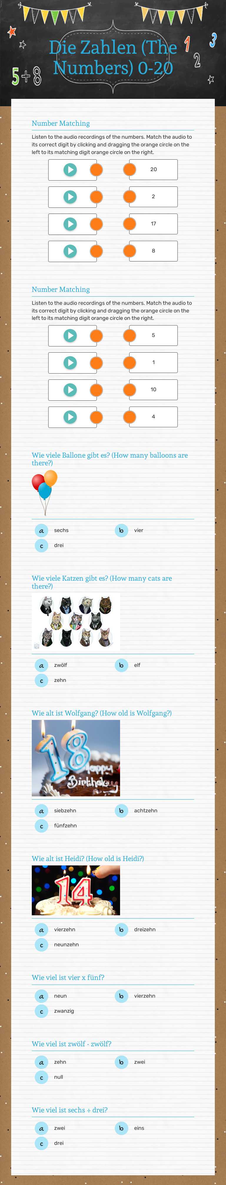 Die Zahlen                 
    (The Numbers)    
 0-20 Grade 10 worksheet preview