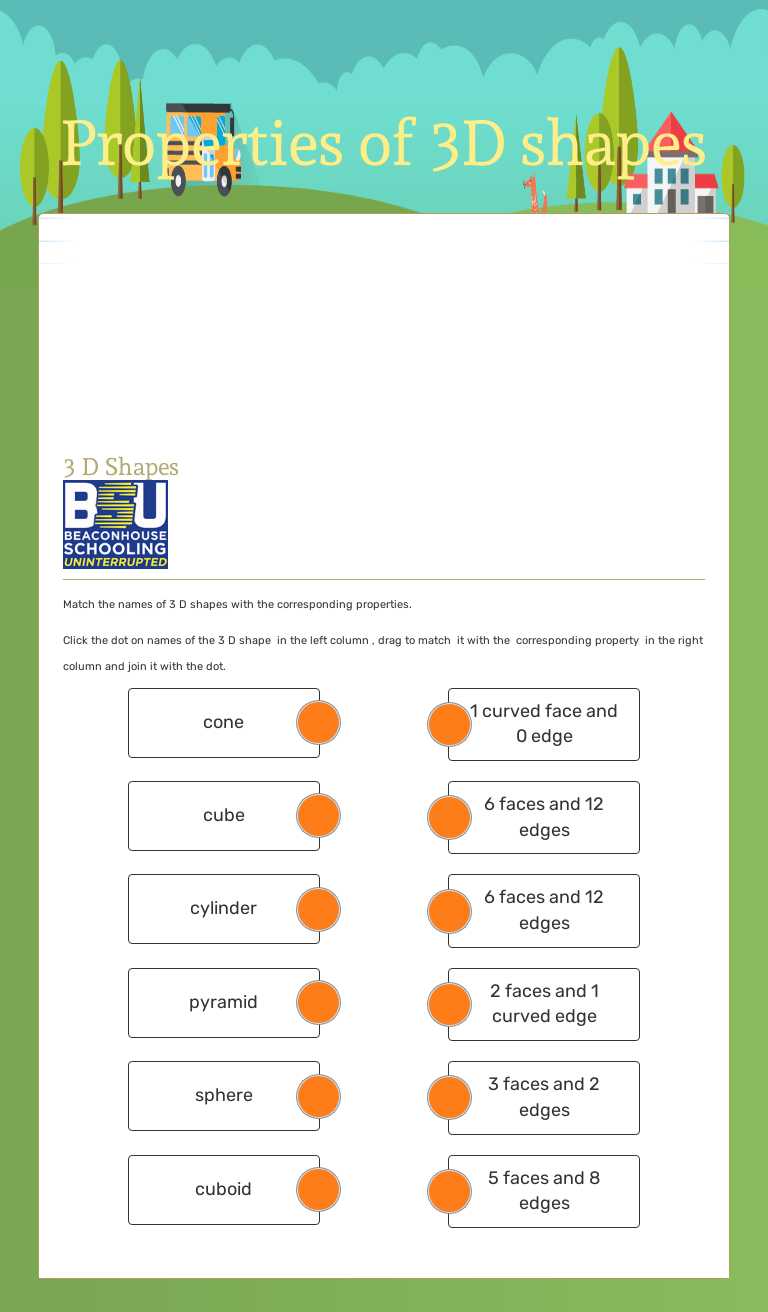 Properties of 3D shapes worksheet preview image