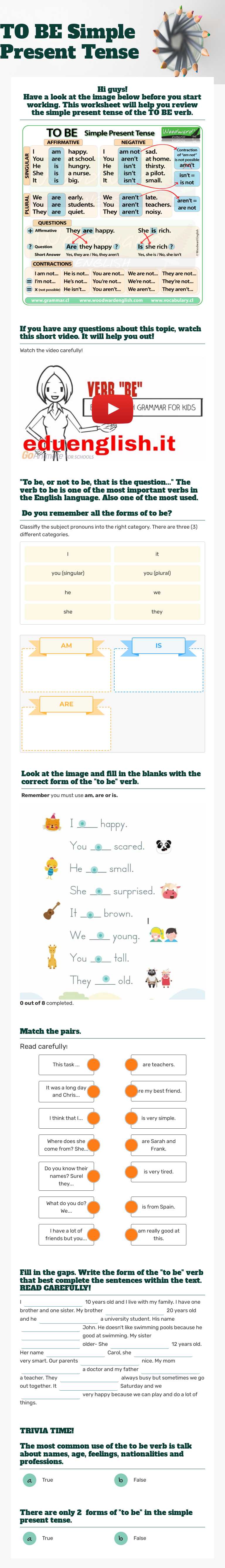 TO BE Simple Present Tense Grade 4 worksheet preview