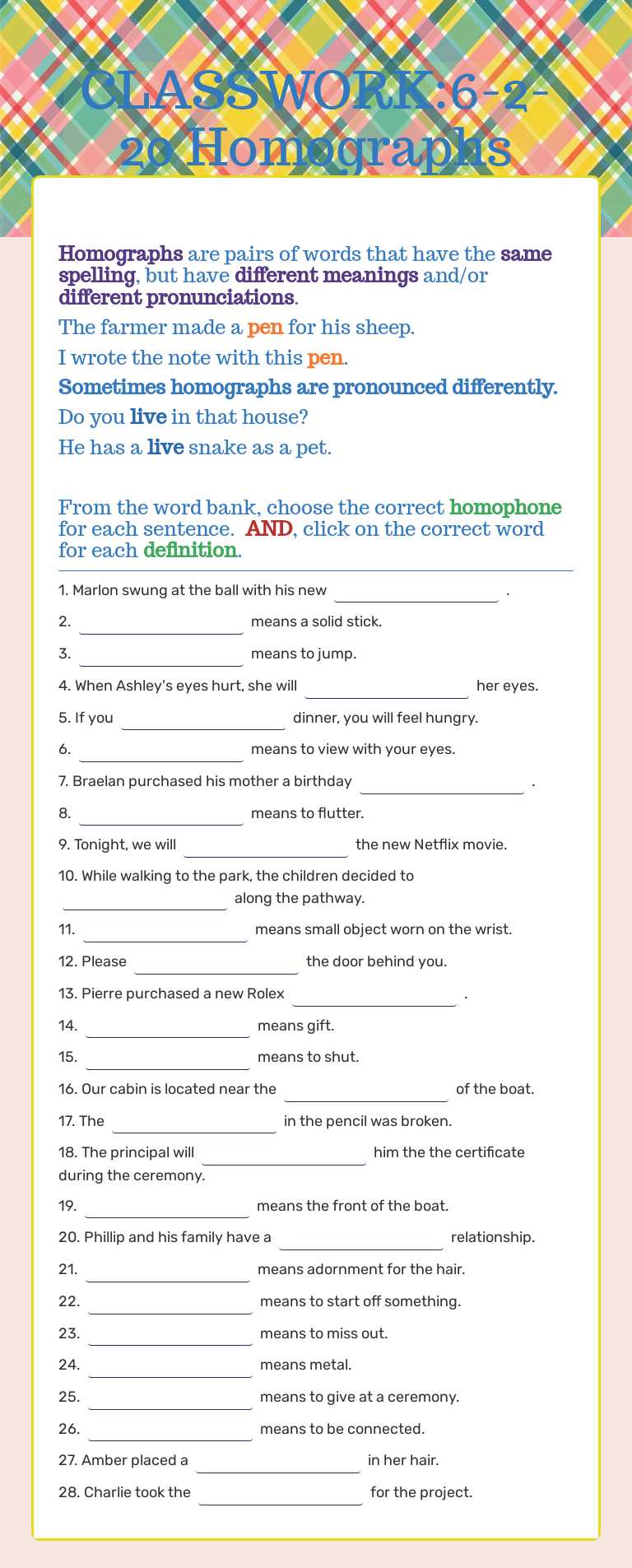 CLASSWORK:6-2-20 Homographs worksheet preview image