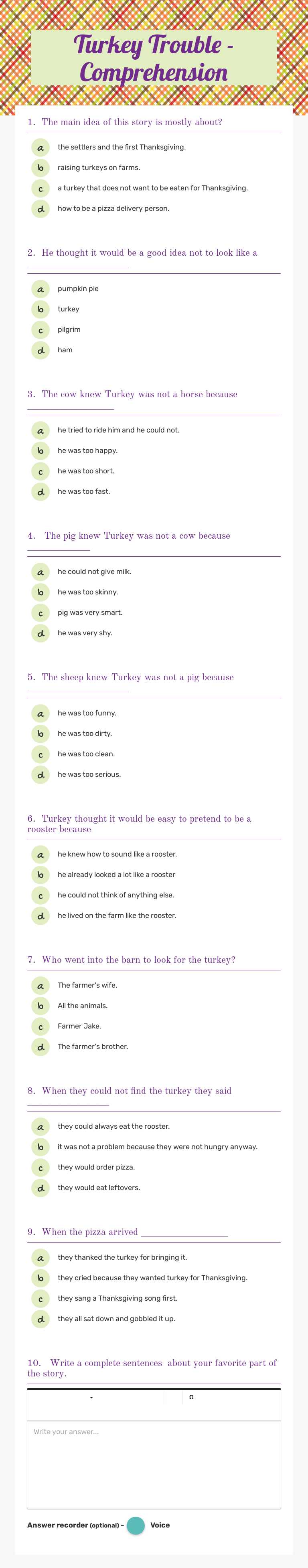 Turkey Trouble - Comprehension worksheet preview image
