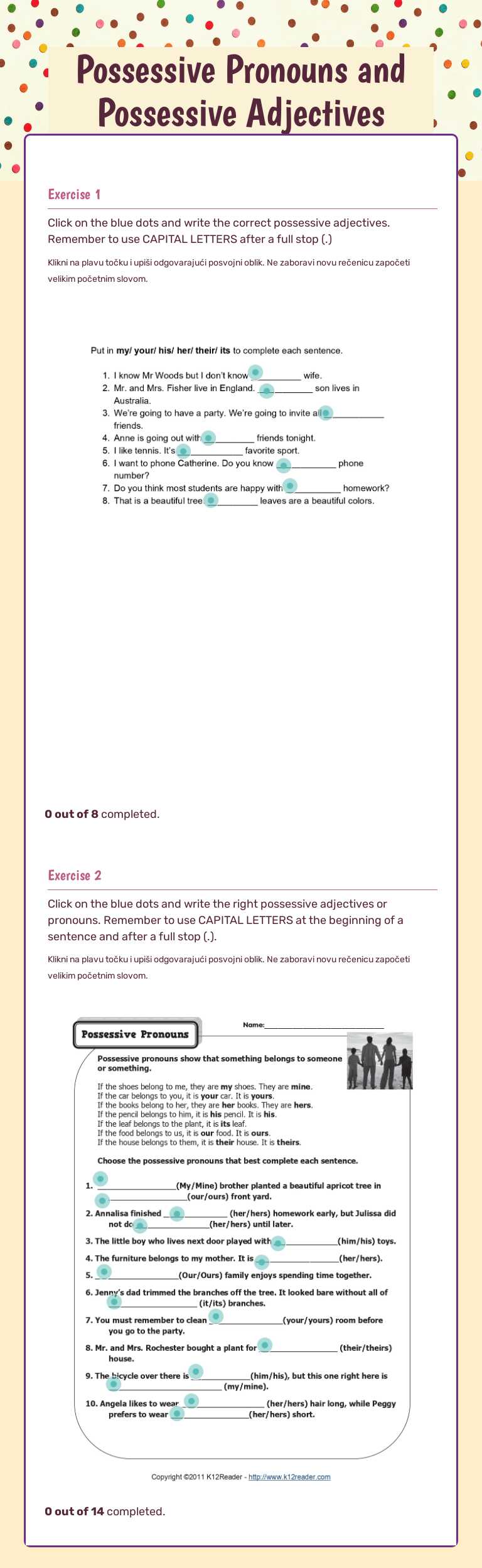 Possessive Pronouns and Possessive Adjectives Grade 4 worksheet preview