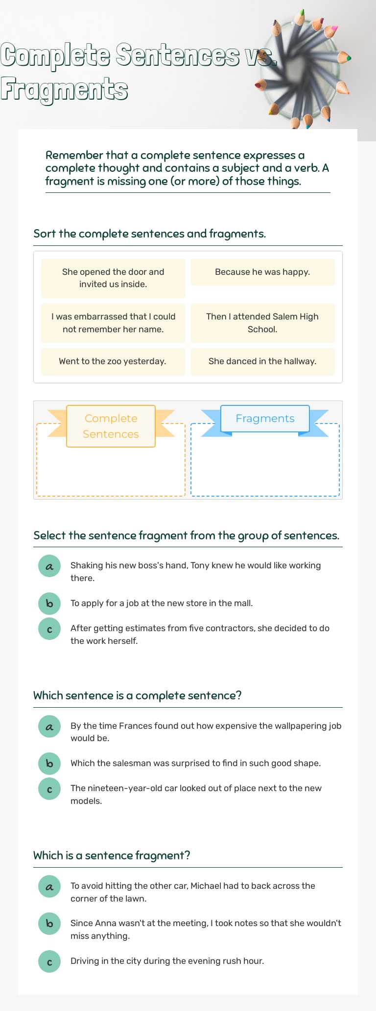 Complete Sentences vs. Fragments worksheet preview image