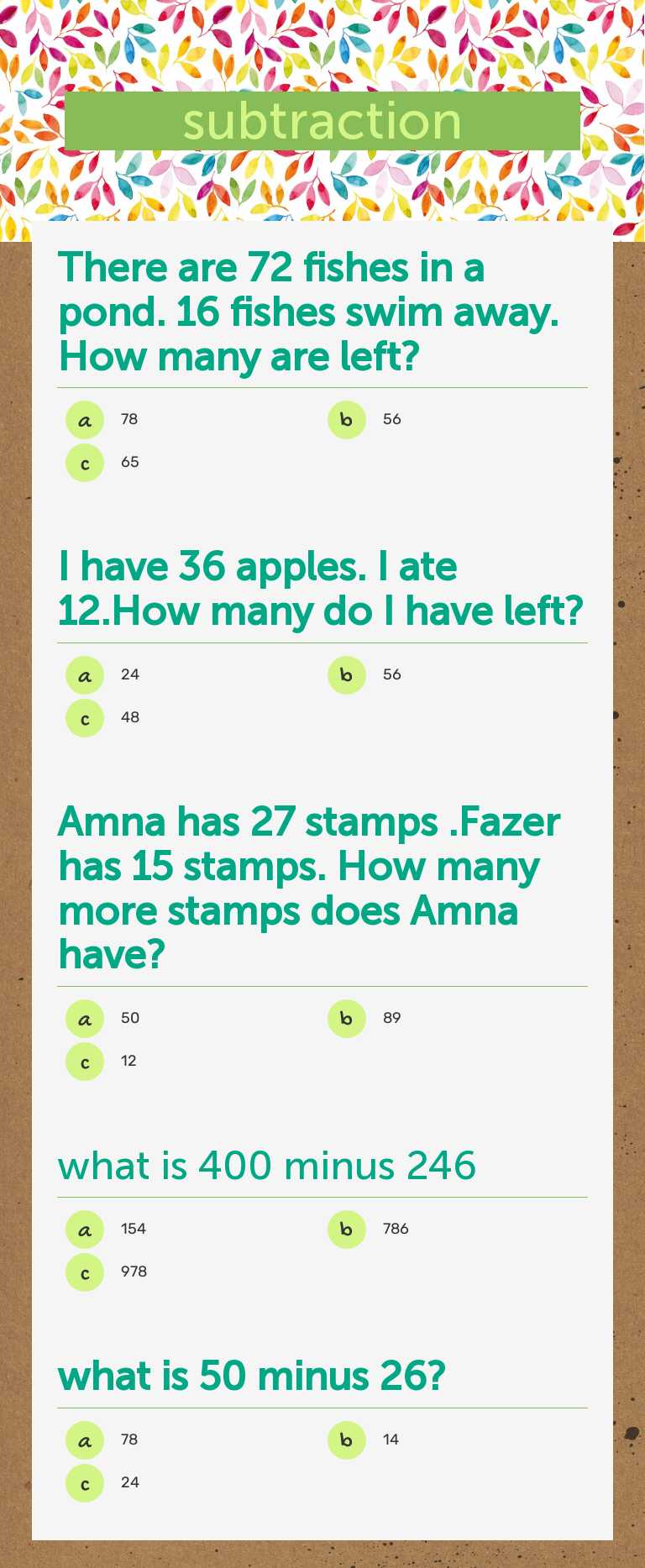 subtraction worksheet preview image