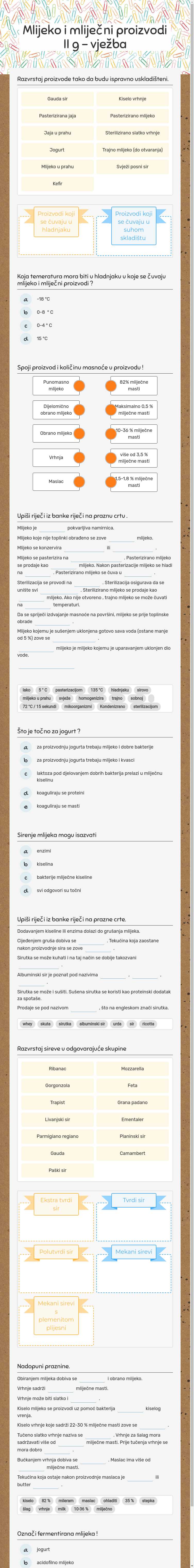 Mlijeko i mliječni proizvodi II g - vježba worksheet preview image