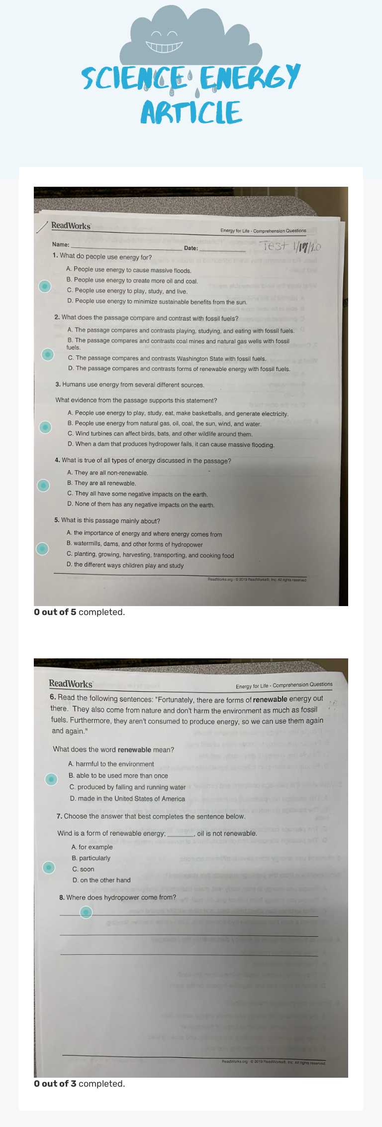 Science Energy Article worksheet preview image