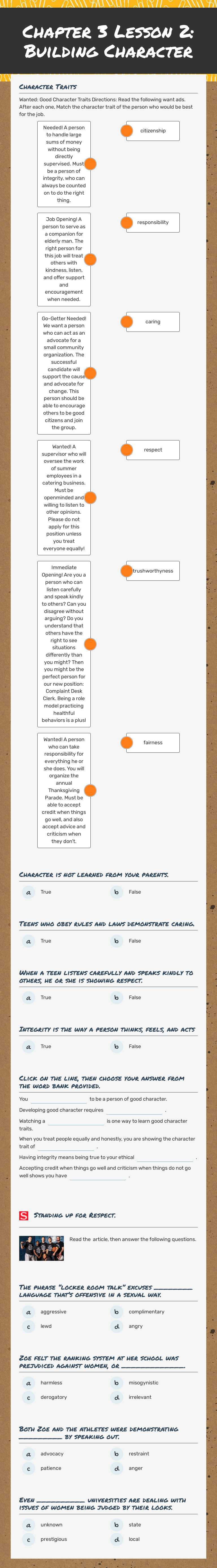 Chapter 3 Lesson 2: Building Character Grade 7 worksheet preview