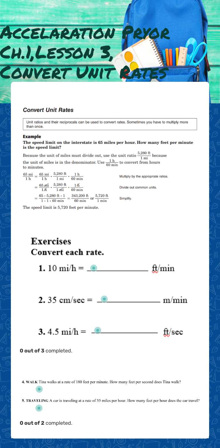 Accelaration Pryor Ch.1,Lesson 3, Convert Unit Rates worksheet preview image
