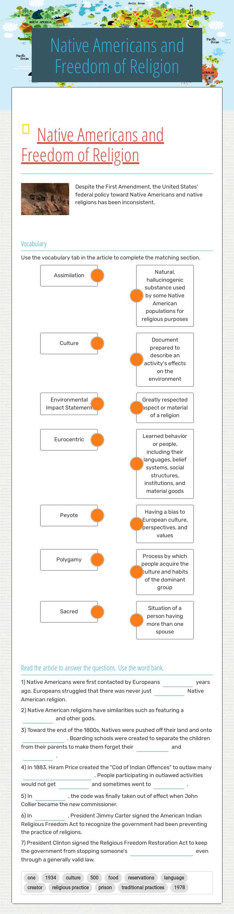 Native Americans and Freedom of Religion worksheet preview image
