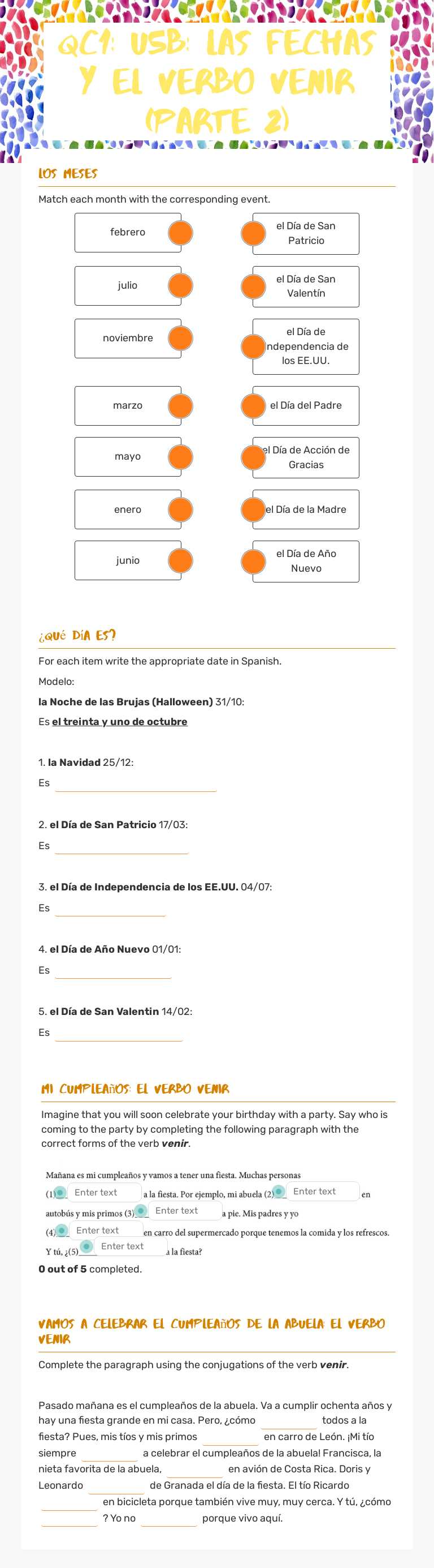 QC1: U5B: LAS FECHAS Y EL VERBO VENIR (parte 2) Grade 10 worksheet preview